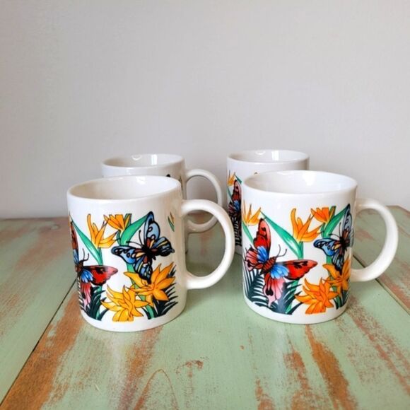 Vintage Butterfly & Flora Panstone Tropical Ceramic Set of 4 Coffee Mugs - Picture 11 of 15